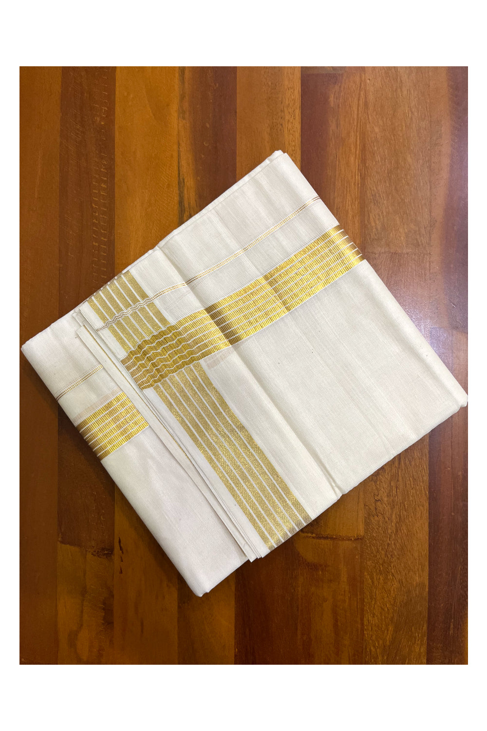 Pure Cotton Off White Double Mundu with Kasavu Line Border (South Indian Dhoti)