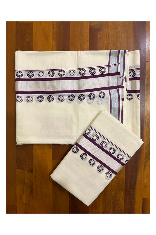 Mundum Neriyathum Single (Set Mundu) with Block Prints on Silver Kasavu and Violet Border (Onam 2024 Collection)