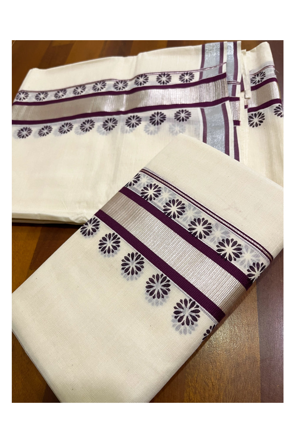 Mundum Neriyathum Single (Set Mundu) with Block Prints on Silver Kasavu and Violet Border (Onam 2024 Collection)