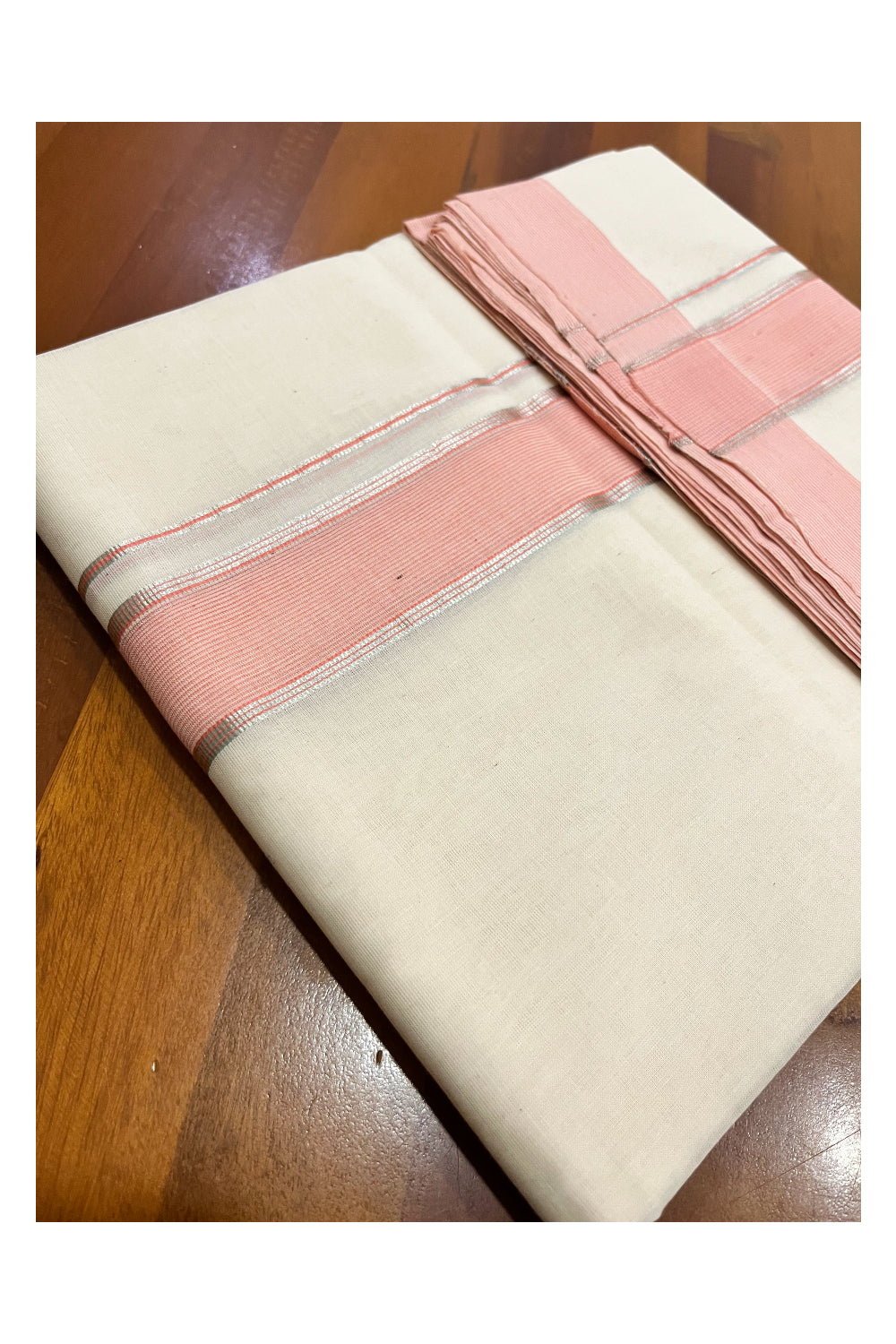 Southloom Premium Balaramapuram Unakkupaavu Handloom Silver Kasavu and Pink Border Mundu (South Indian Kerala Dhoti)