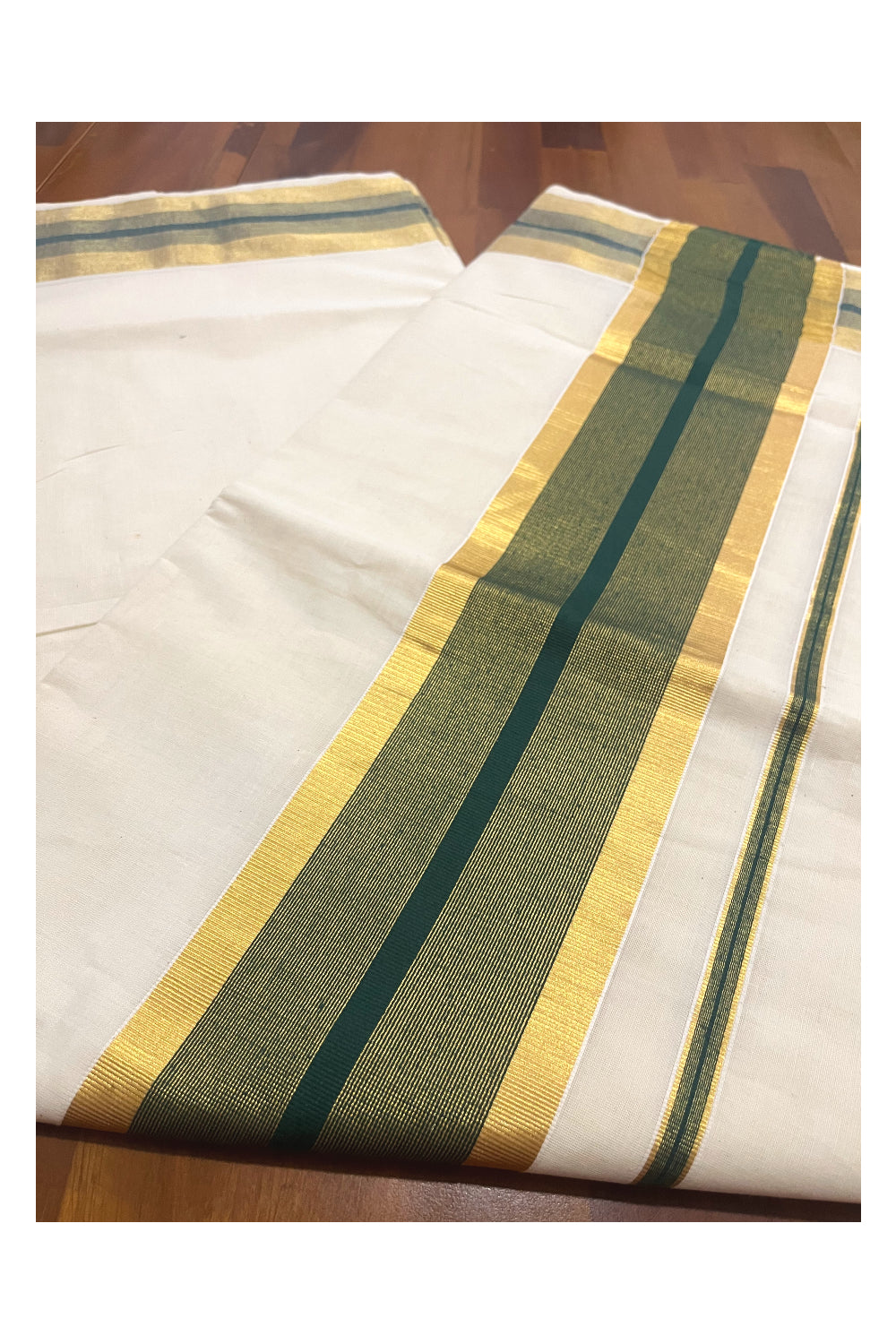 Kerala Pure Cotton Saree with Kasavu and Dark Green Border (Onam Saree 2023)