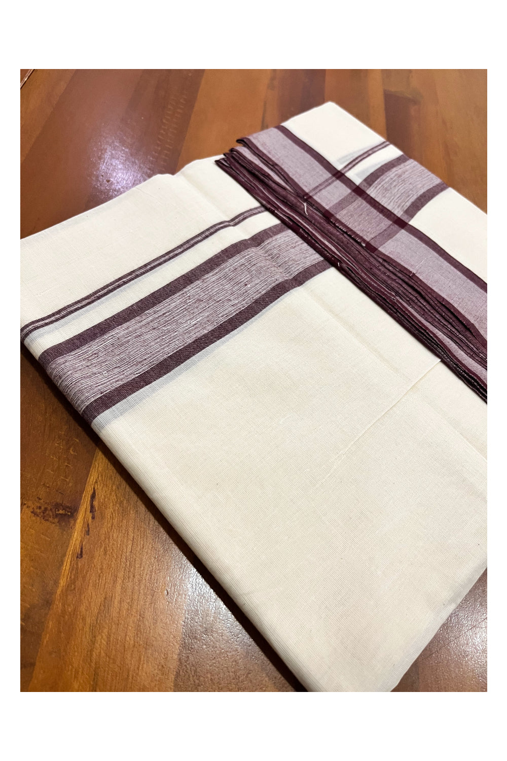 Pure Cotton 100x100 Double Mundu with Brown Border (South Indian Kerala Dhoti)