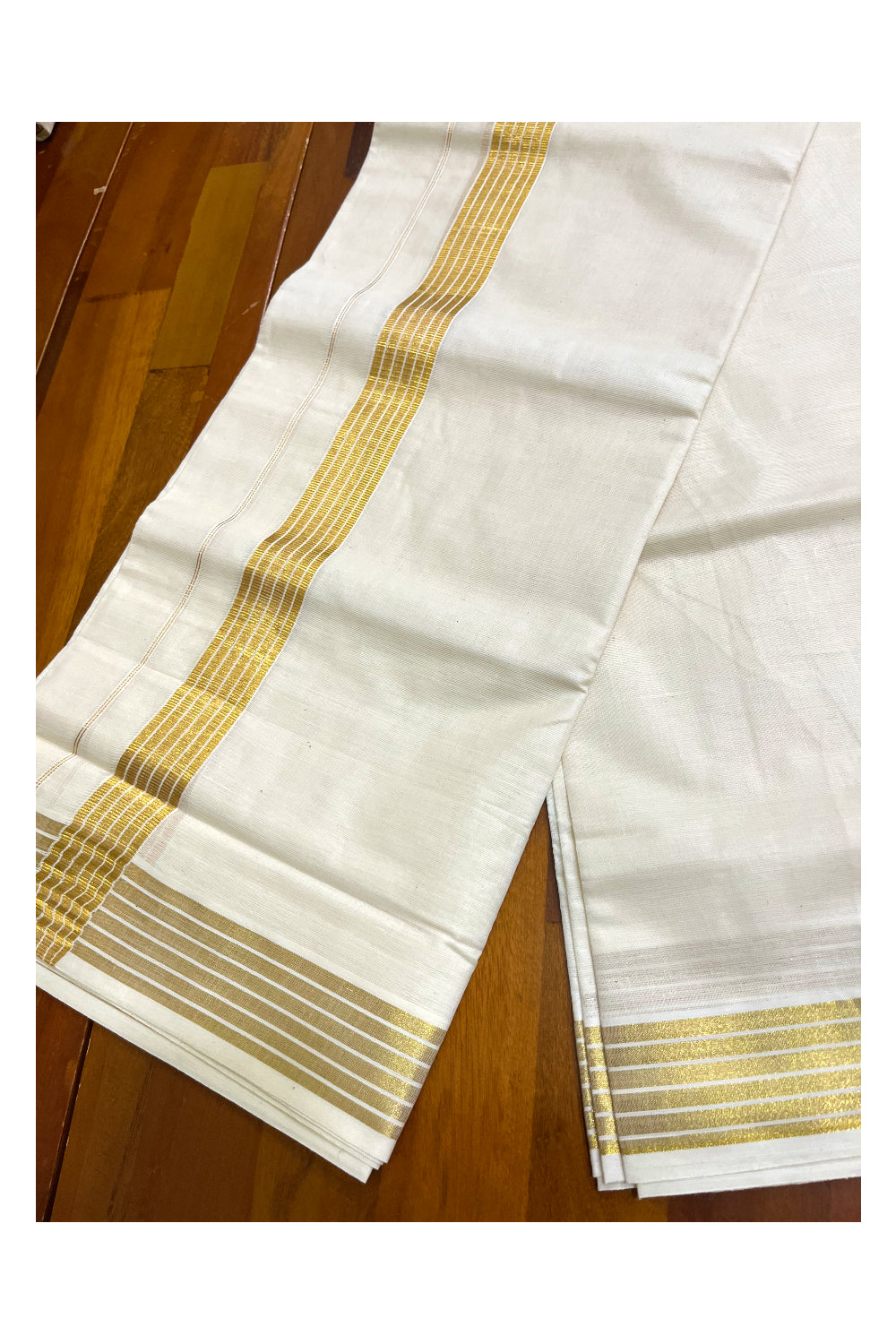 Pure Cotton Off White Double Mundu with Kasavu Line Border (South Indian Dhoti)