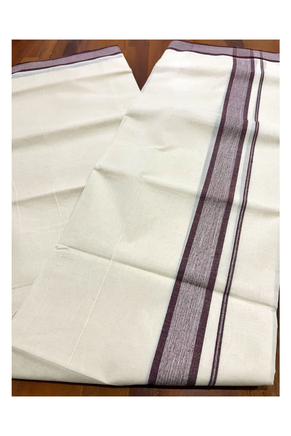 Pure Cotton 100x100 Double Mundu with Brown Border (South Indian Kerala Dhoti)