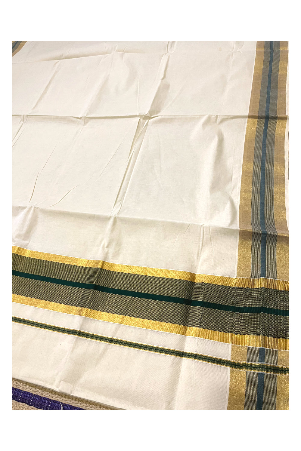 Kerala Pure Cotton Saree with Kasavu and Dark Green Border (Onam Saree 2023)