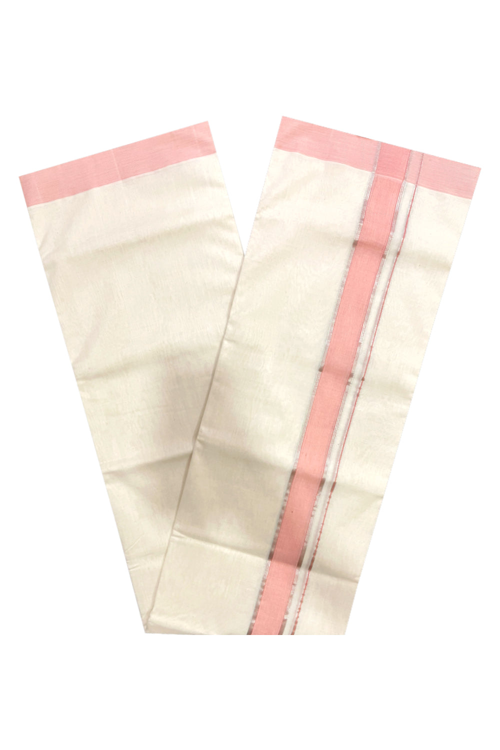 Southloom Premium Balaramapuram Unakkupaavu Handloom Silver Kasavu and Pink Border Mundu (South Indian Kerala Dhoti)