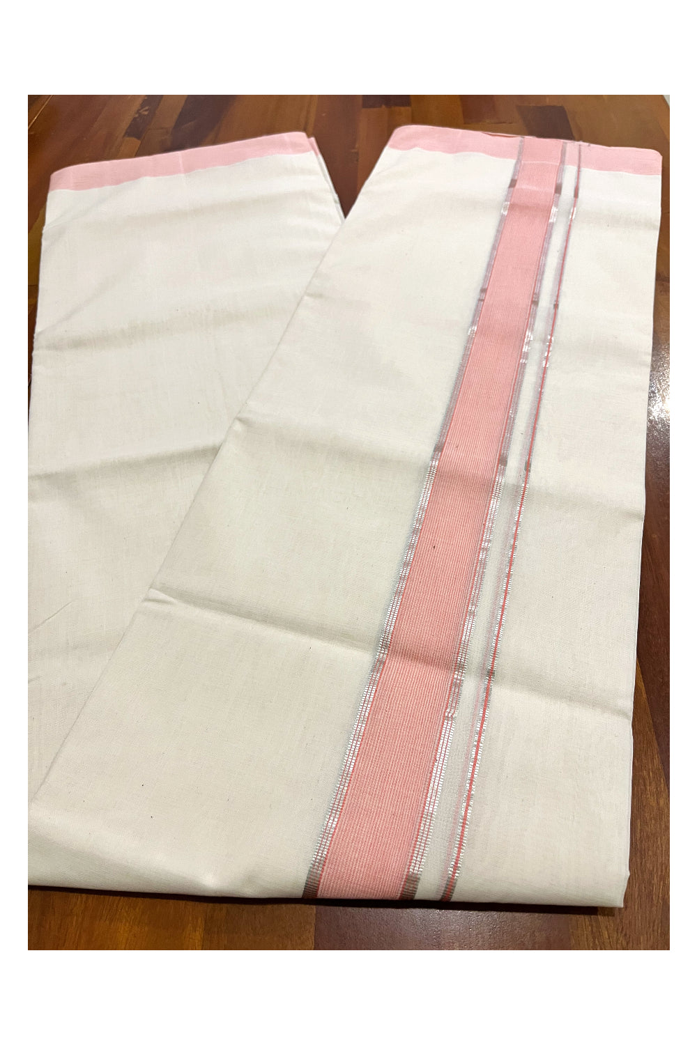 Southloom Premium Balaramapuram Unakkupaavu Handloom Silver Kasavu and Pink Border Mundu (South Indian Kerala Dhoti)