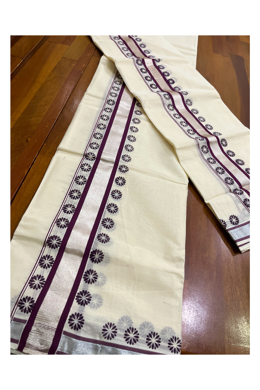 Mundum Neriyathum Single (Set Mundu) with Block Prints on Silver Kasavu and Violet Border (Onam 2024 Collection)