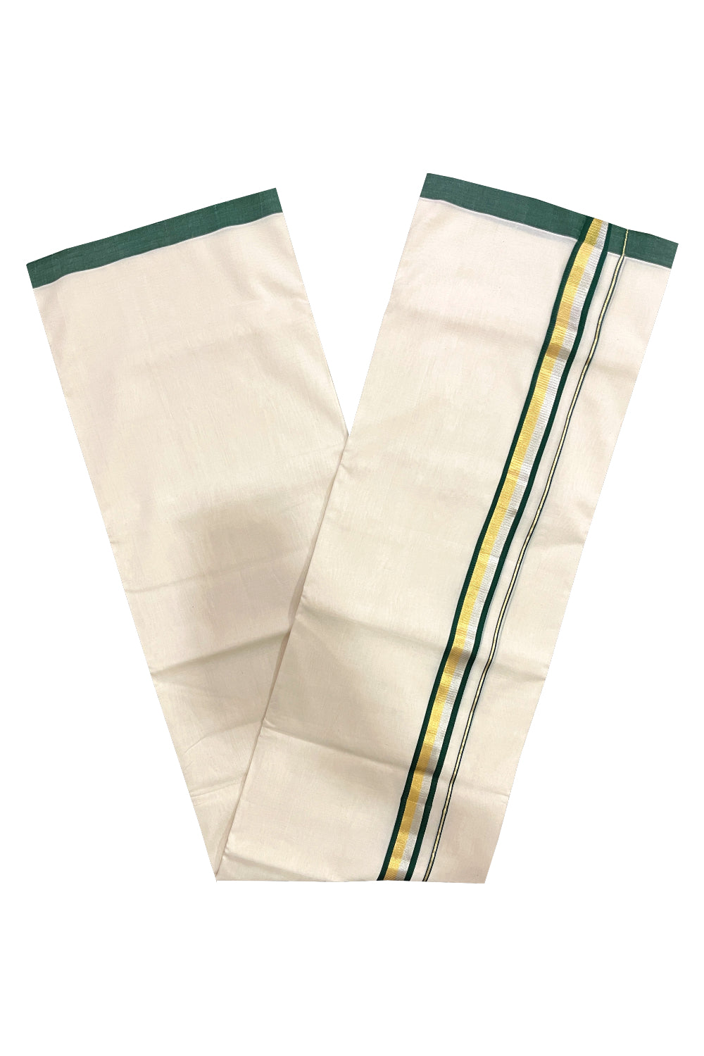 Southloom Premium Balaramapuram Unakkupaavu Handloom Mundu with Green Silver and Golden Kasavu Border (South Indian Kerala Dhoti)