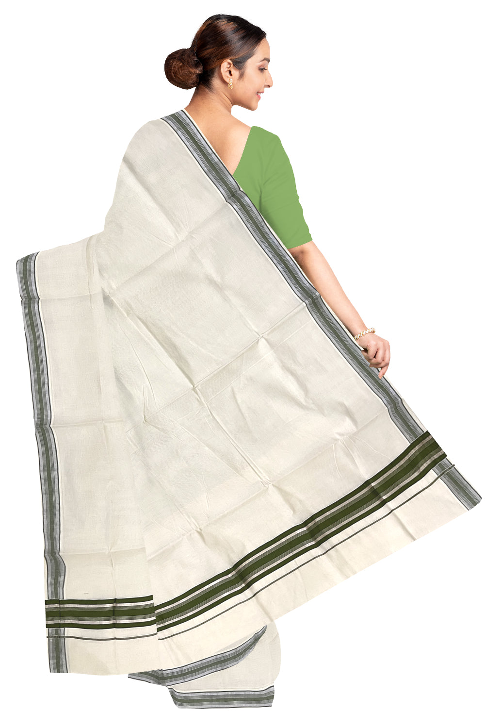 Pure Cotton Kerala Saree with Green and Silver Kasavu Border (Onam Saree 2023)