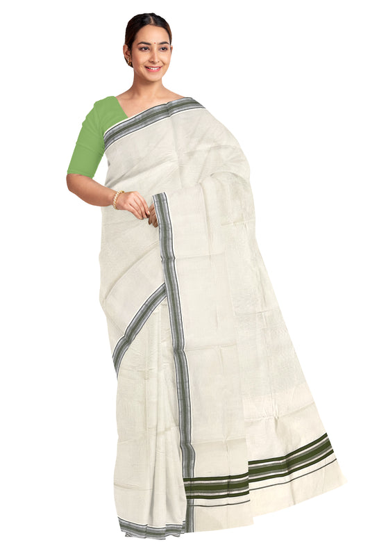 Pure Cotton Kerala Saree with Green and Silver Kasavu Border (Onam Saree 2023)