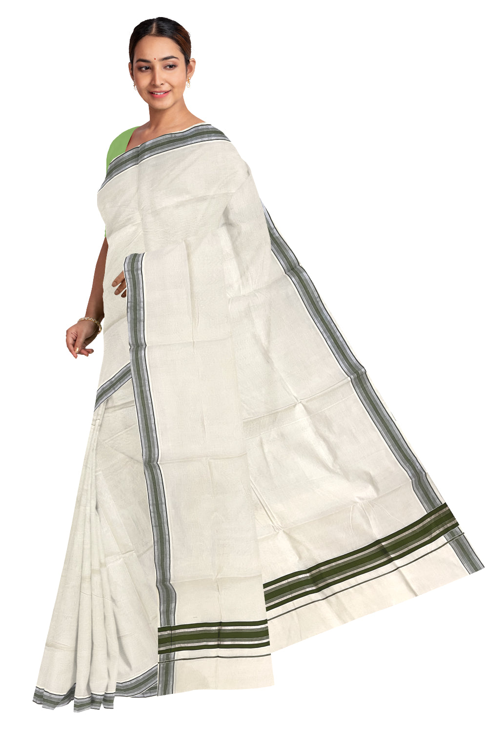 Pure Cotton Kerala Saree with Green and Silver Kasavu Border (Onam Saree 2023)