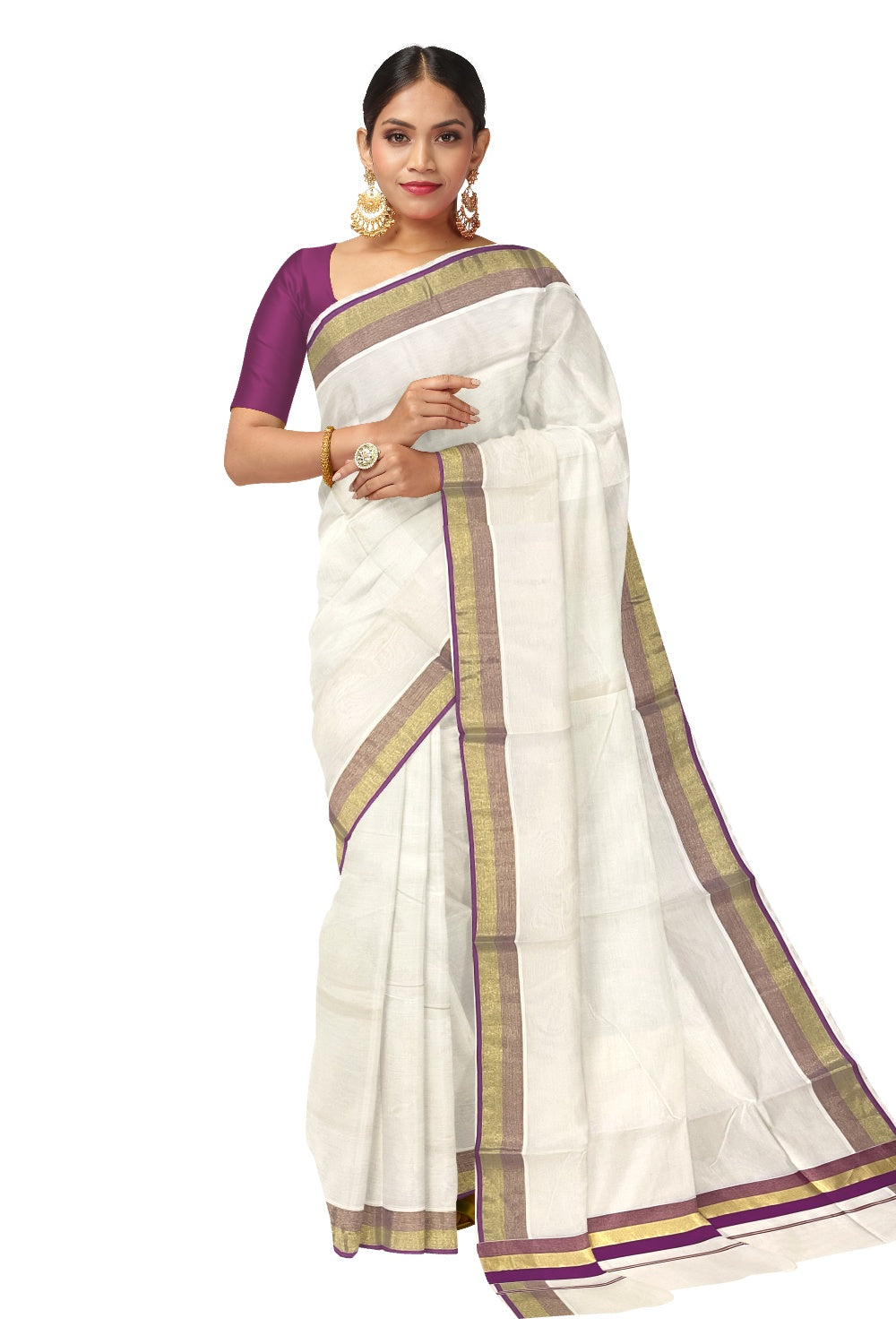 Kerala Pure Cotton Plain Saree with Kasavu and Magenta Border (Onam Saree 2023)