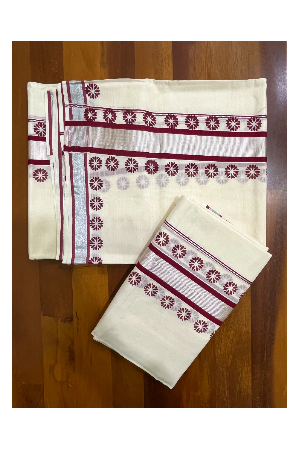 Mundum Neriyathum Single (Set Mundu) with Block Prints on Silver Kasavu and Red Border (Onam 2024 Collection)