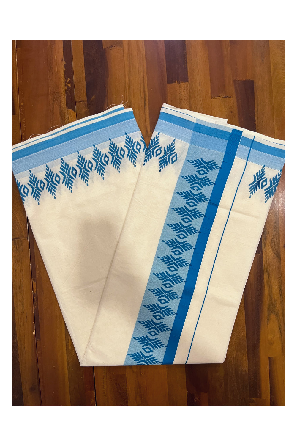 Kerala Cotton Saree with Blue Block Printed Border