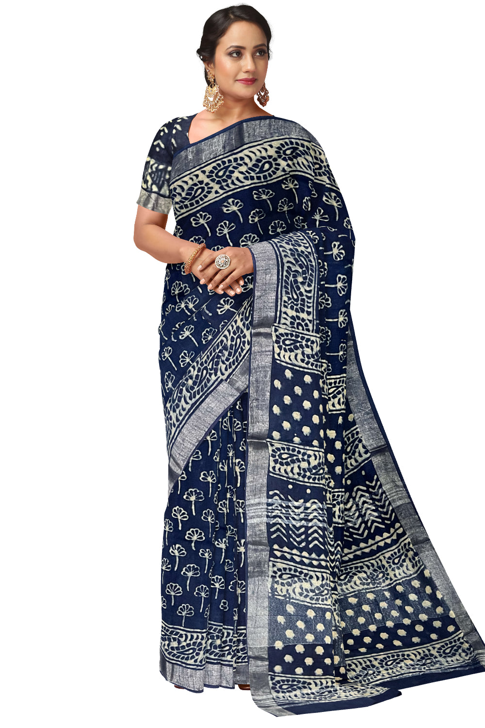 Southloom Designer Printed Blue Linen Saree