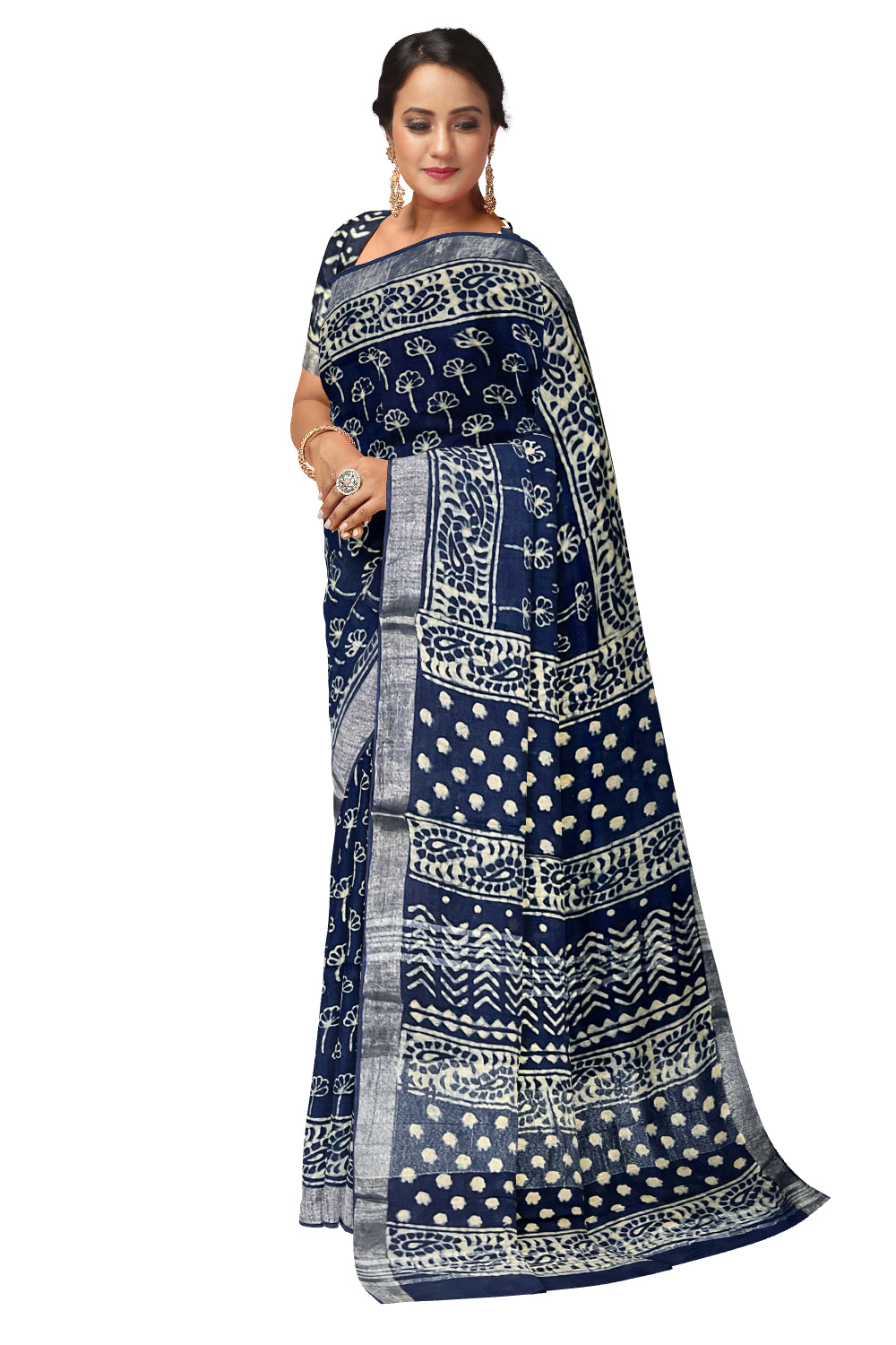 Southloom Designer Printed Blue Linen Saree