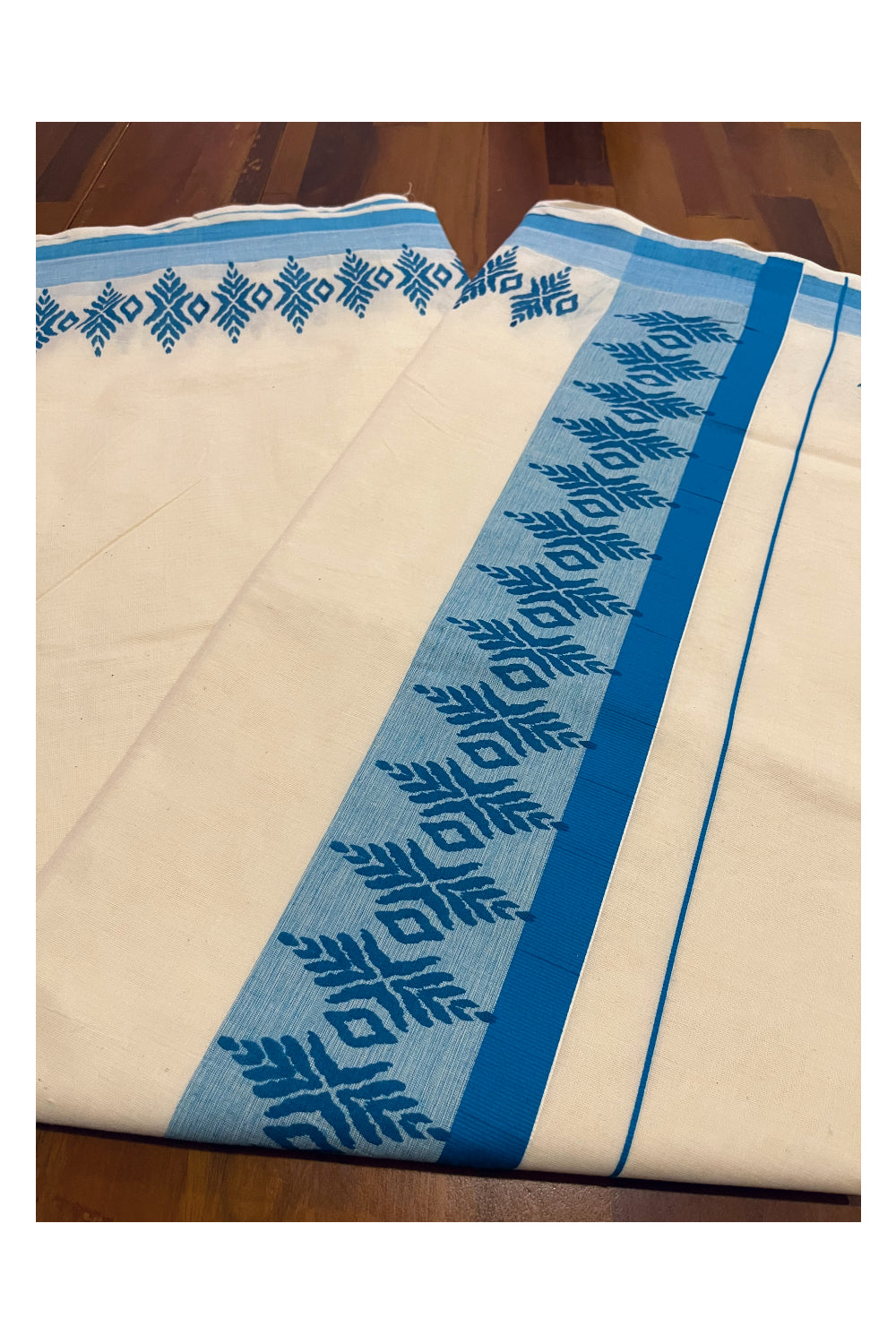 Kerala Cotton Saree with Blue Block Printed Border