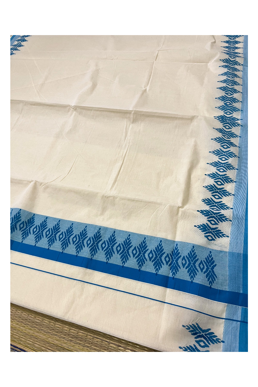 Kerala Cotton Saree with Blue Block Printed Border