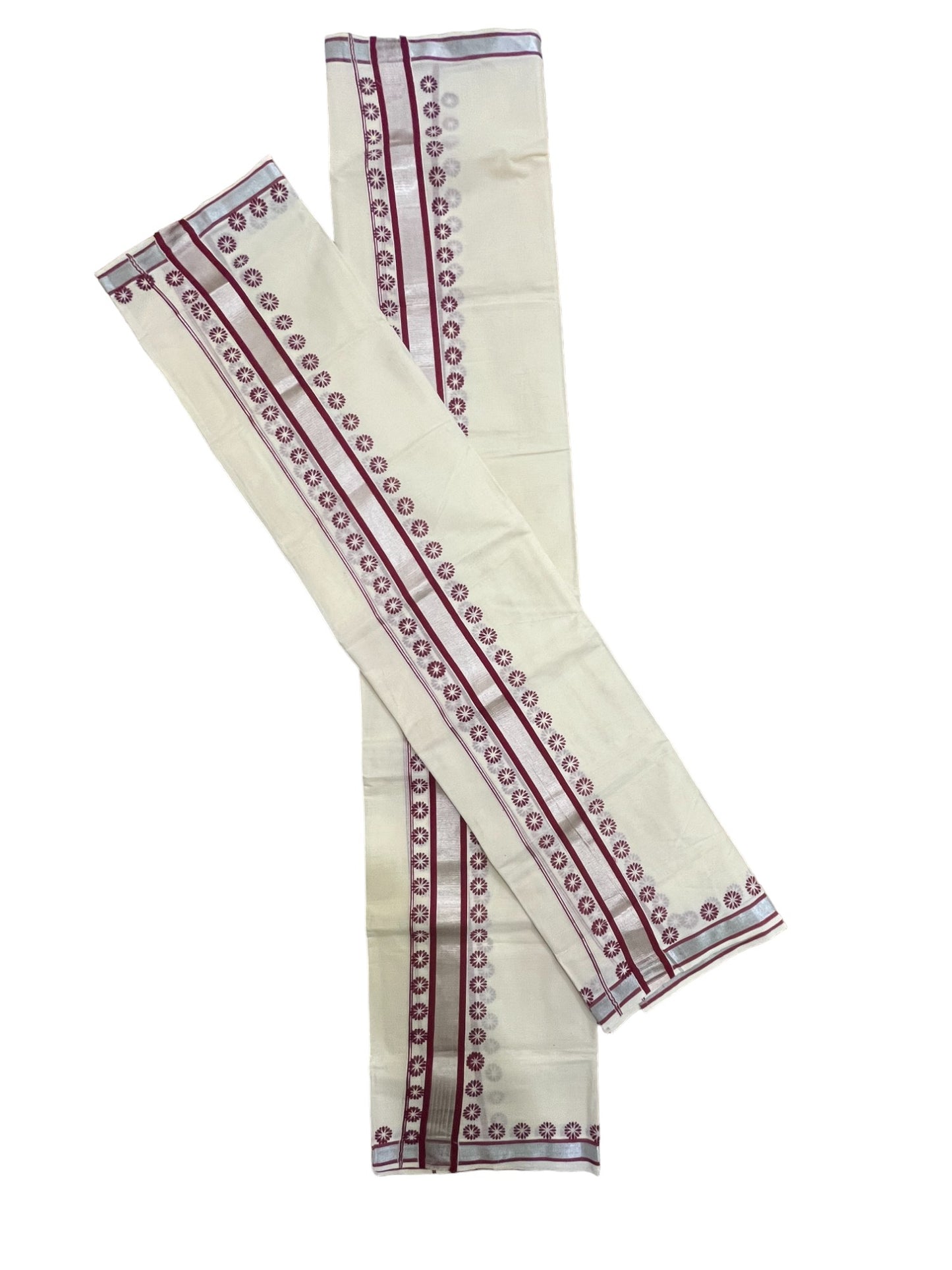 Mundum Neriyathum Single (Set Mundu) with Block Prints on Silver Kasavu and Red Border (Onam 2024 Collection)