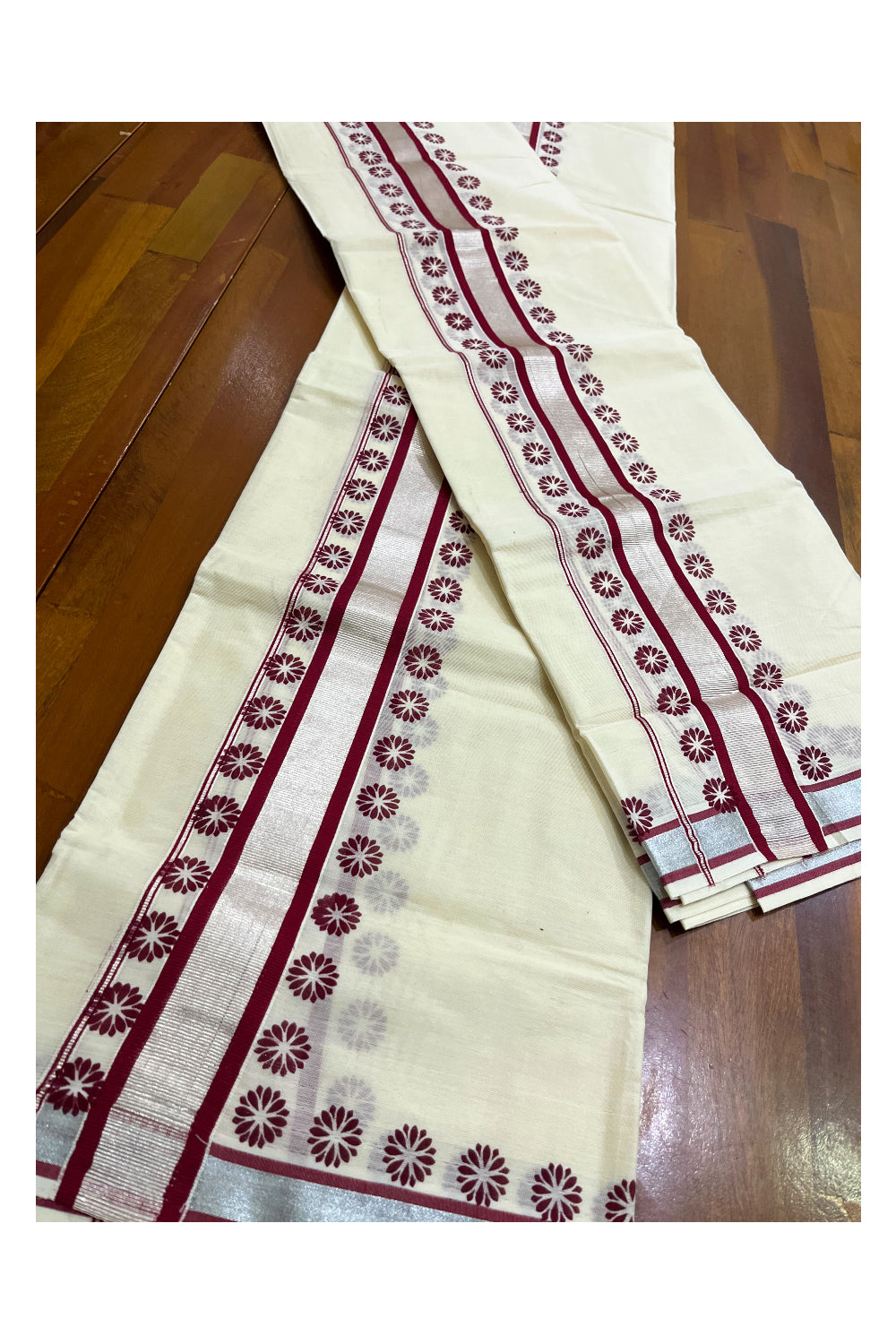 Mundum Neriyathum Single (Set Mundu) with Block Prints on Silver Kasavu and Red Border (Onam 2024 Collection)