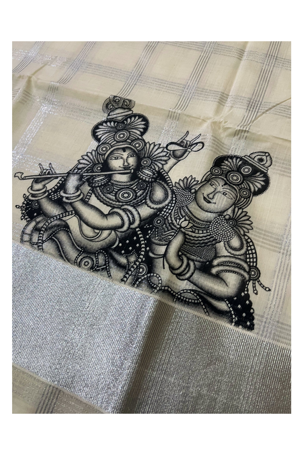 Pure Cotton Kerala Silver Kasavu Check Design Saree with Krishna Radha Mural Prints and Black Border (Onam Saree 2023)