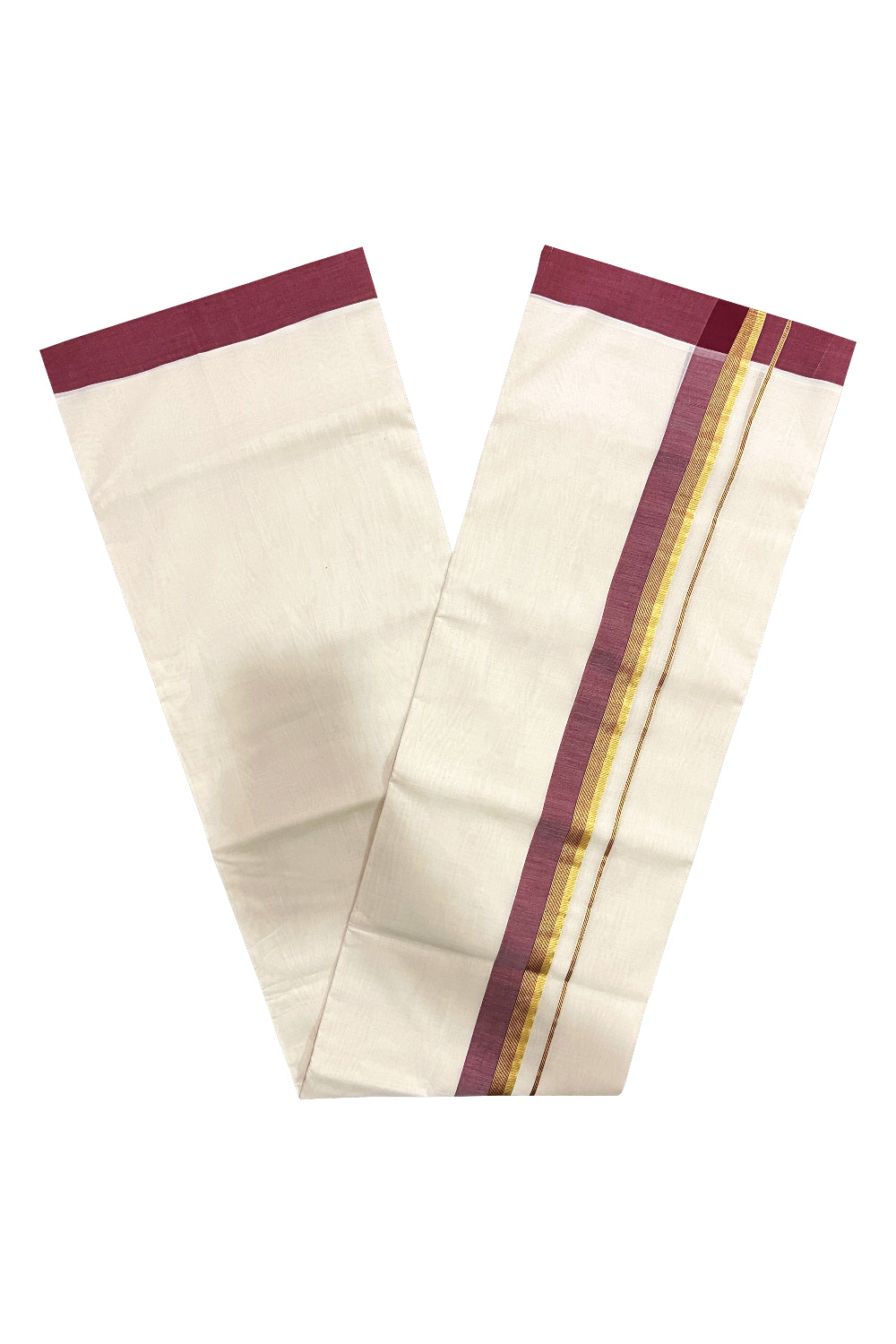 Southloom Premium Balaramapuram Unakkupaavu Handloom Mundu with Maroon and Kasavu Border (South Indian Kerala Dhoti)