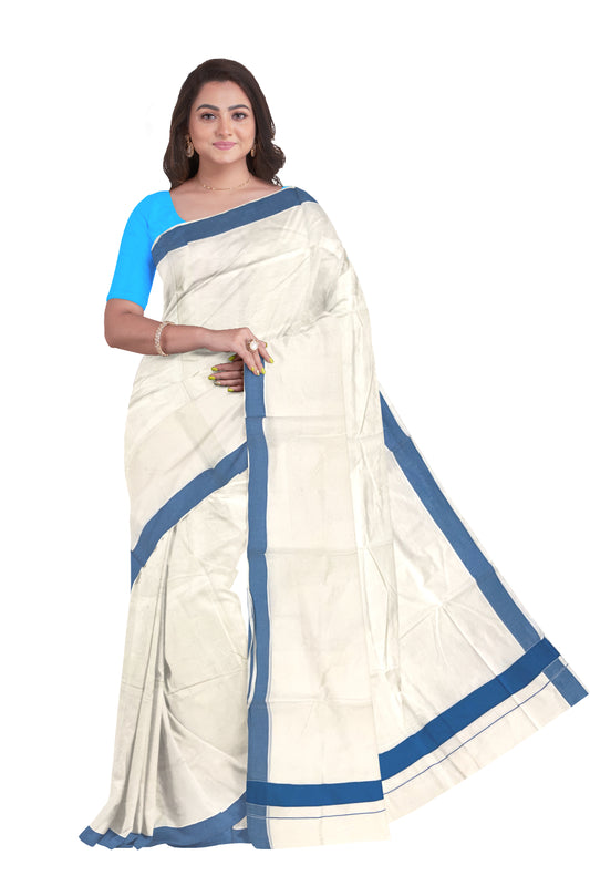 Pure Cotton Kerala Plain Saree with Blue 2x2 Border (Onam Saree 2023)