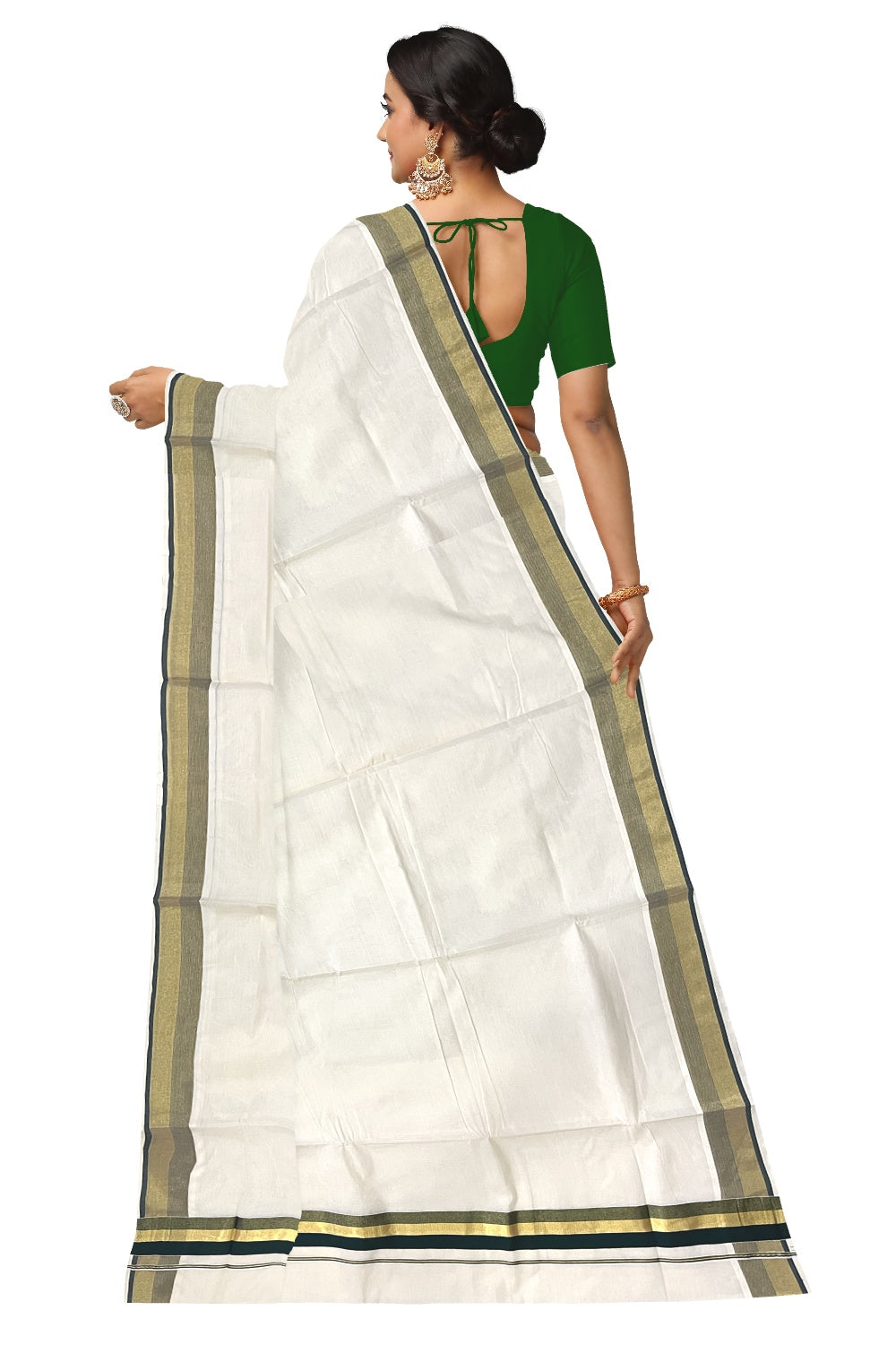 Kerala Pure Cotton Plain Saree with Kasavu and Dark Green Border (Onam Saree 2023)