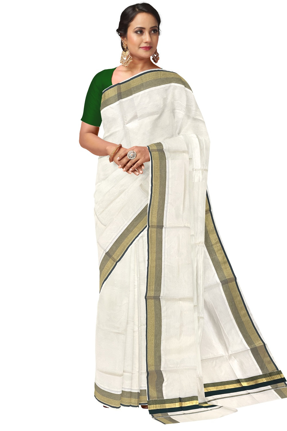 Kerala Pure Cotton Plain Saree with Kasavu and Dark Green Border (Onam Saree 2023)