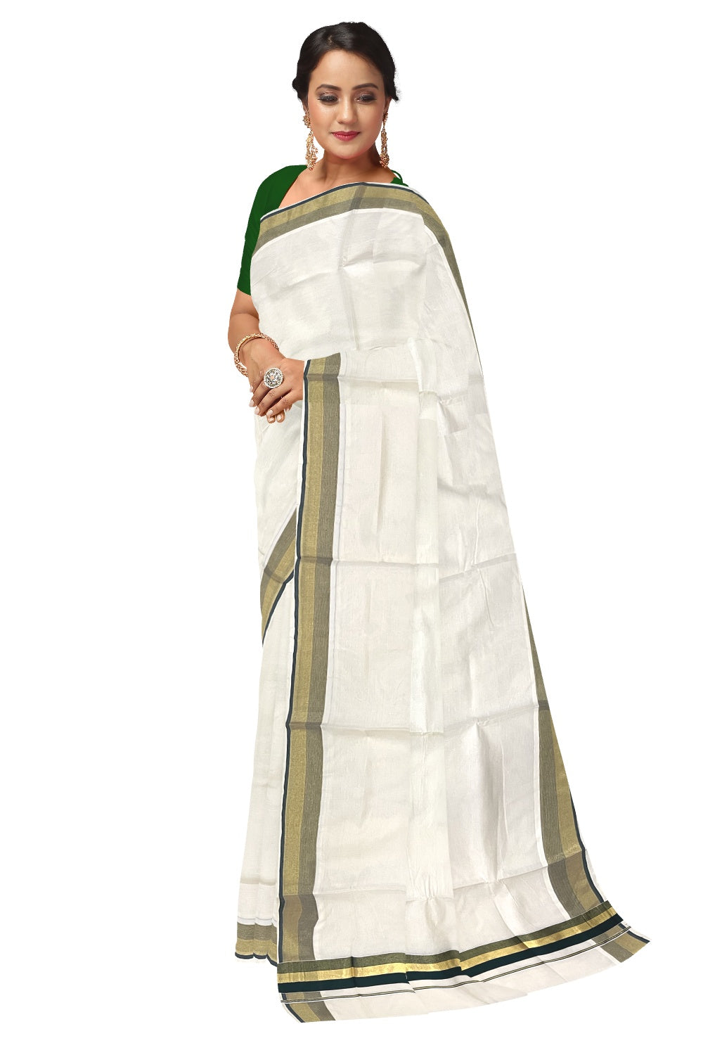 Kerala Pure Cotton Plain Saree with Kasavu and Dark Green Border (Onam Saree 2023)