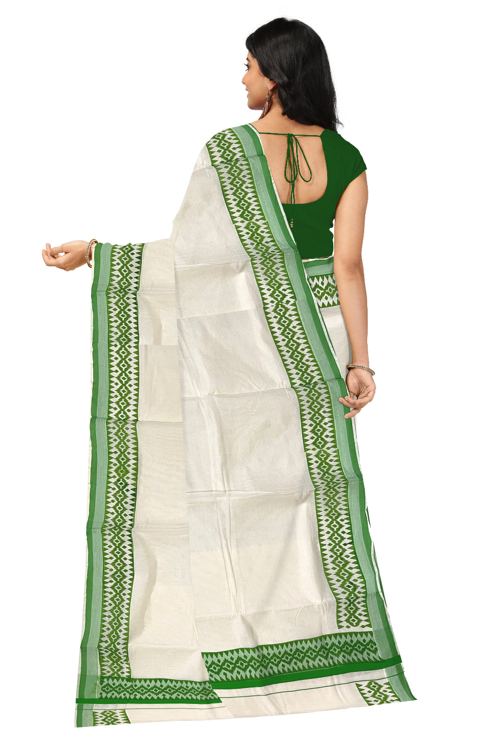 Kerala Cotton Saree with Light Green Block Printed Border