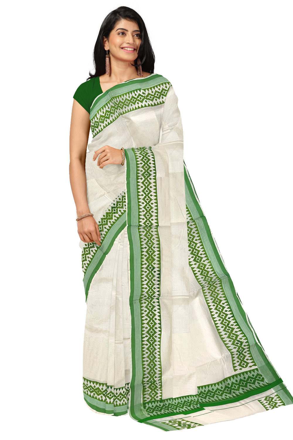 Kerala Cotton Saree with Light Green Block Printed Border