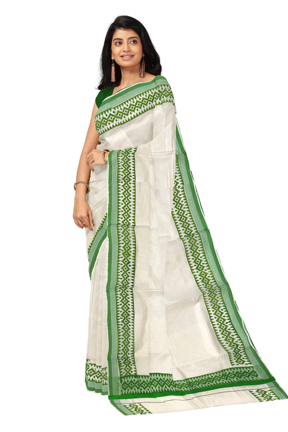 Kerala Cotton Saree with Light Green Block Printed Border