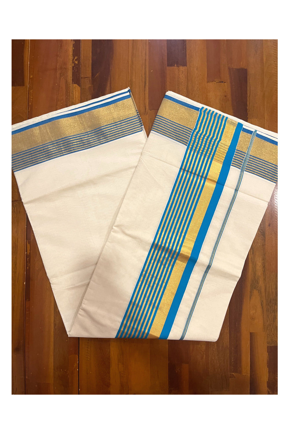 Kerala Pure Cotton Saree with Kasavu and Blue Border