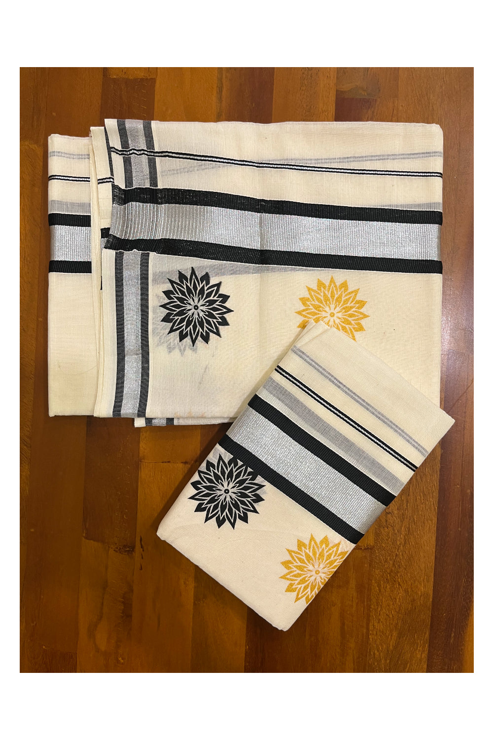 Kerala Cotton Mundum Neriyathum Single (Set Mundu) with Black Golden Floral Block Prints in Black Silver Kasavu Border