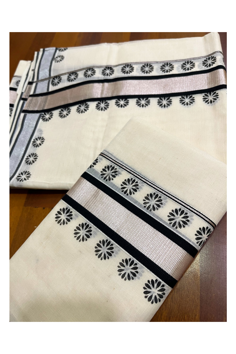 Mundum Neriyathum Single (Set Mundu) with Block Prints on Silver Kasavu and Black Border (Onam 2024 Collection)