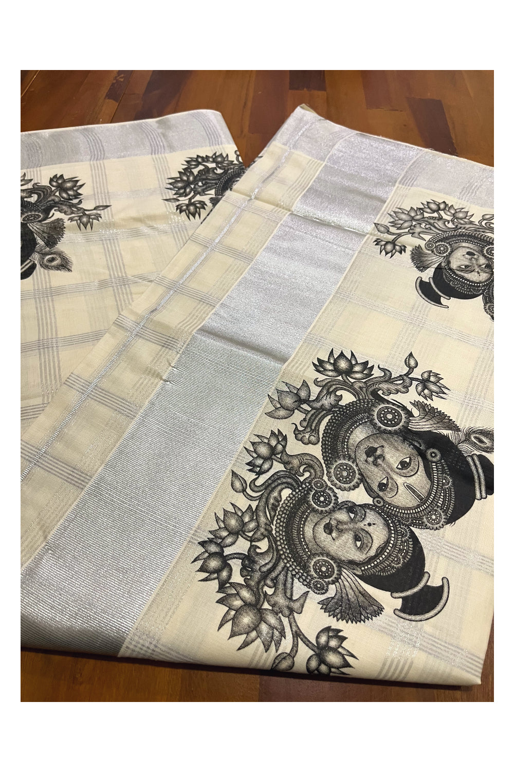 Pure Cotton Kerala Silver Kasavu Check Design Saree with Krishna Radha Face Mural Prints and Black Border