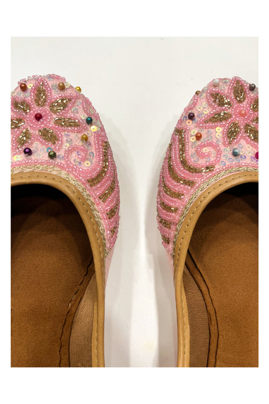 Southloom Jaipur Handmade Beads Embroidered Pink Designer Juti / Mojaris