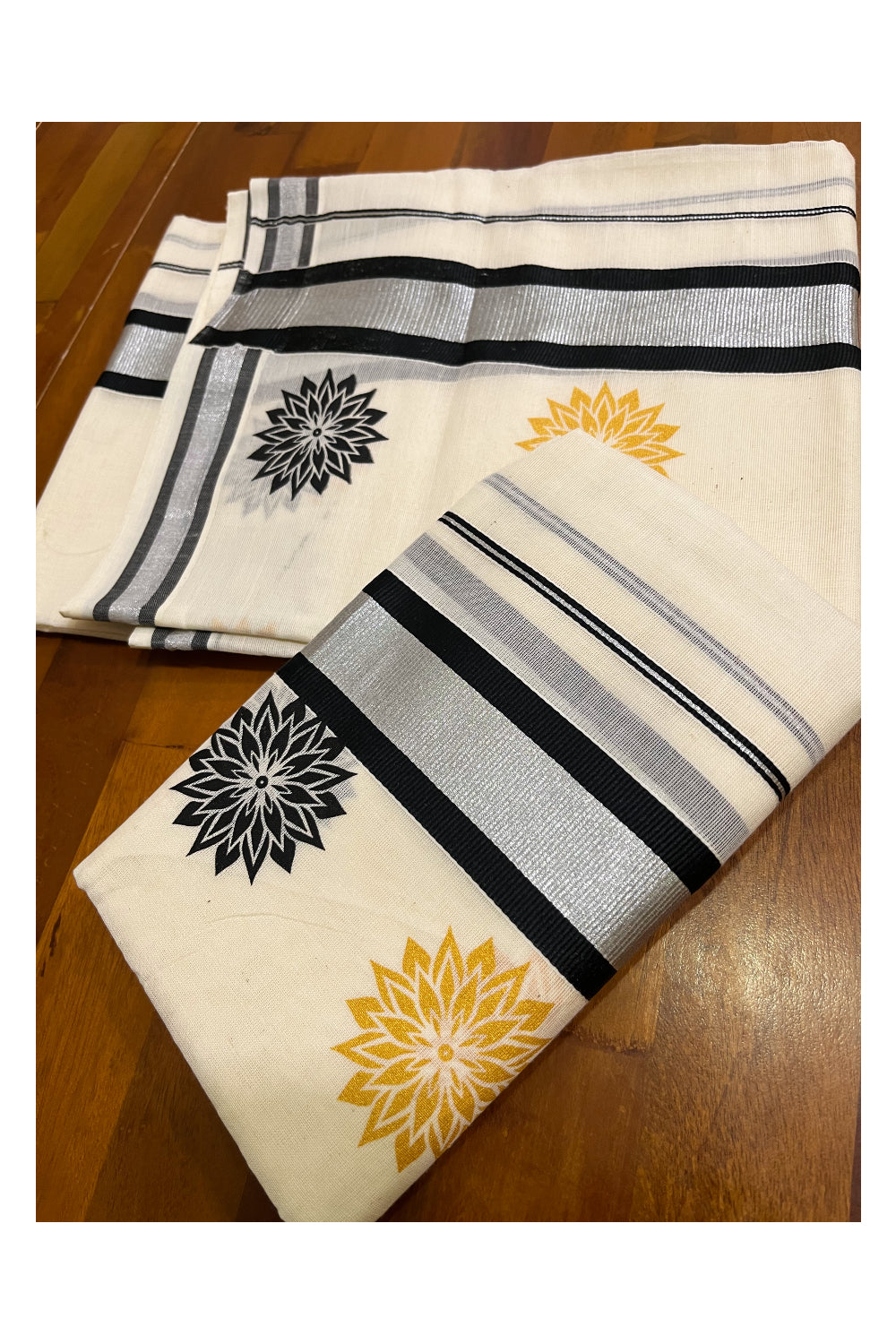 Kerala Cotton Mundum Neriyathum Single (Set Mundu) with Black Golden Floral Block Prints in Black Silver Kasavu Border