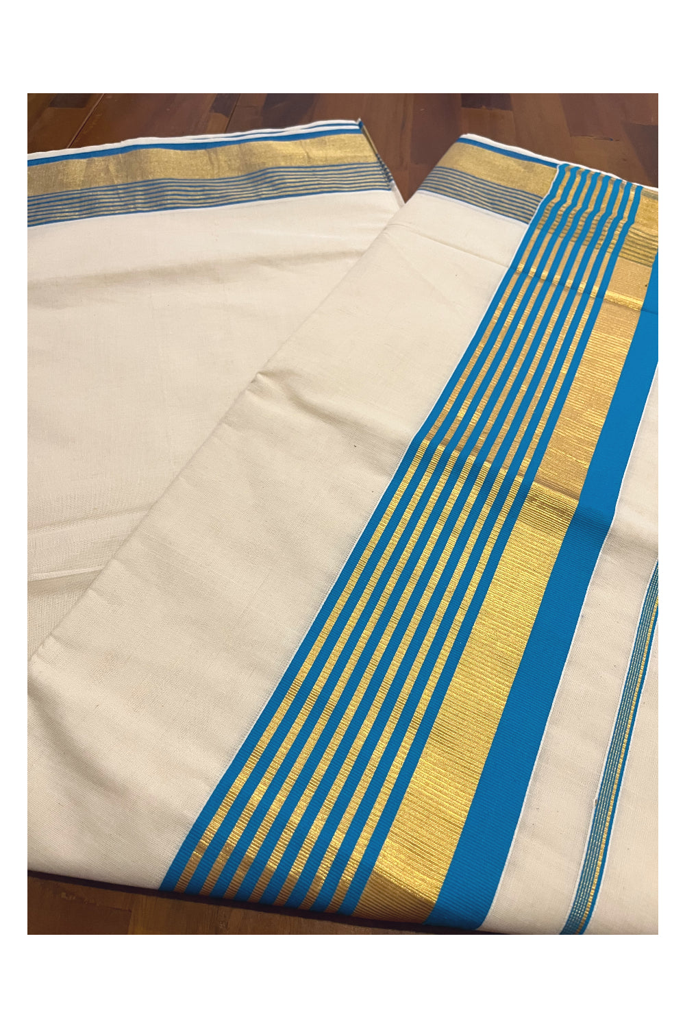 Kerala Pure Cotton Saree with Kasavu and Blue Border