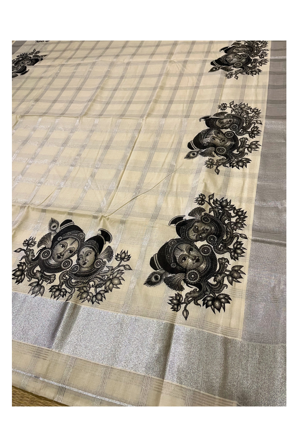 Pure Cotton Kerala Silver Kasavu Check Design Saree with Krishna Radha Face Mural Prints and Black Border