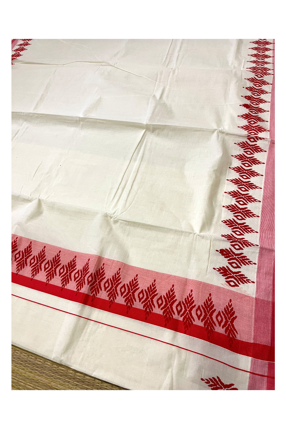 Kerala Cotton Saree with Orange Block Printed Border