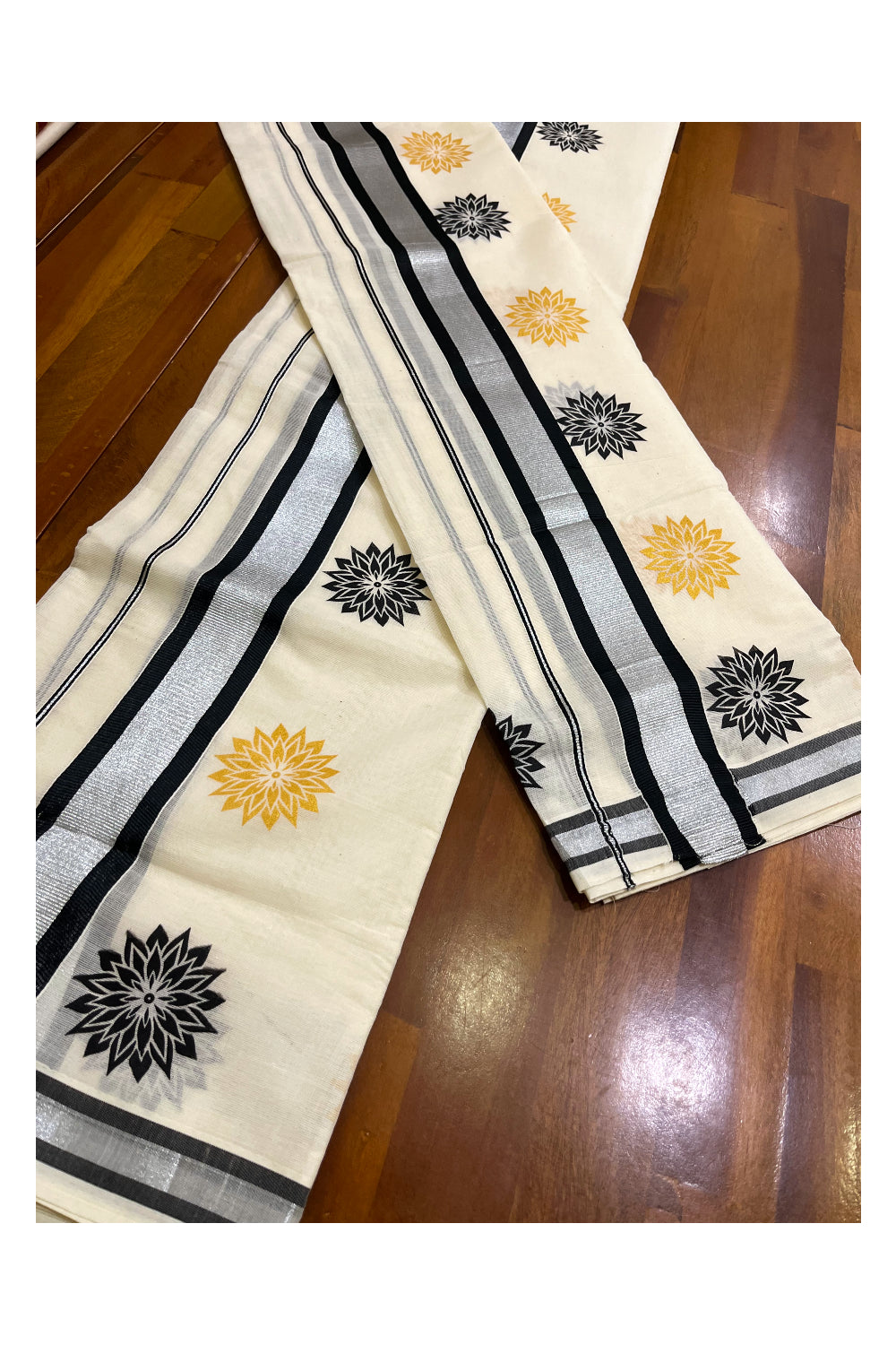 Kerala Cotton Mundum Neriyathum Single (Set Mundu) with Black Golden Floral Block Prints in Black Silver Kasavu Border