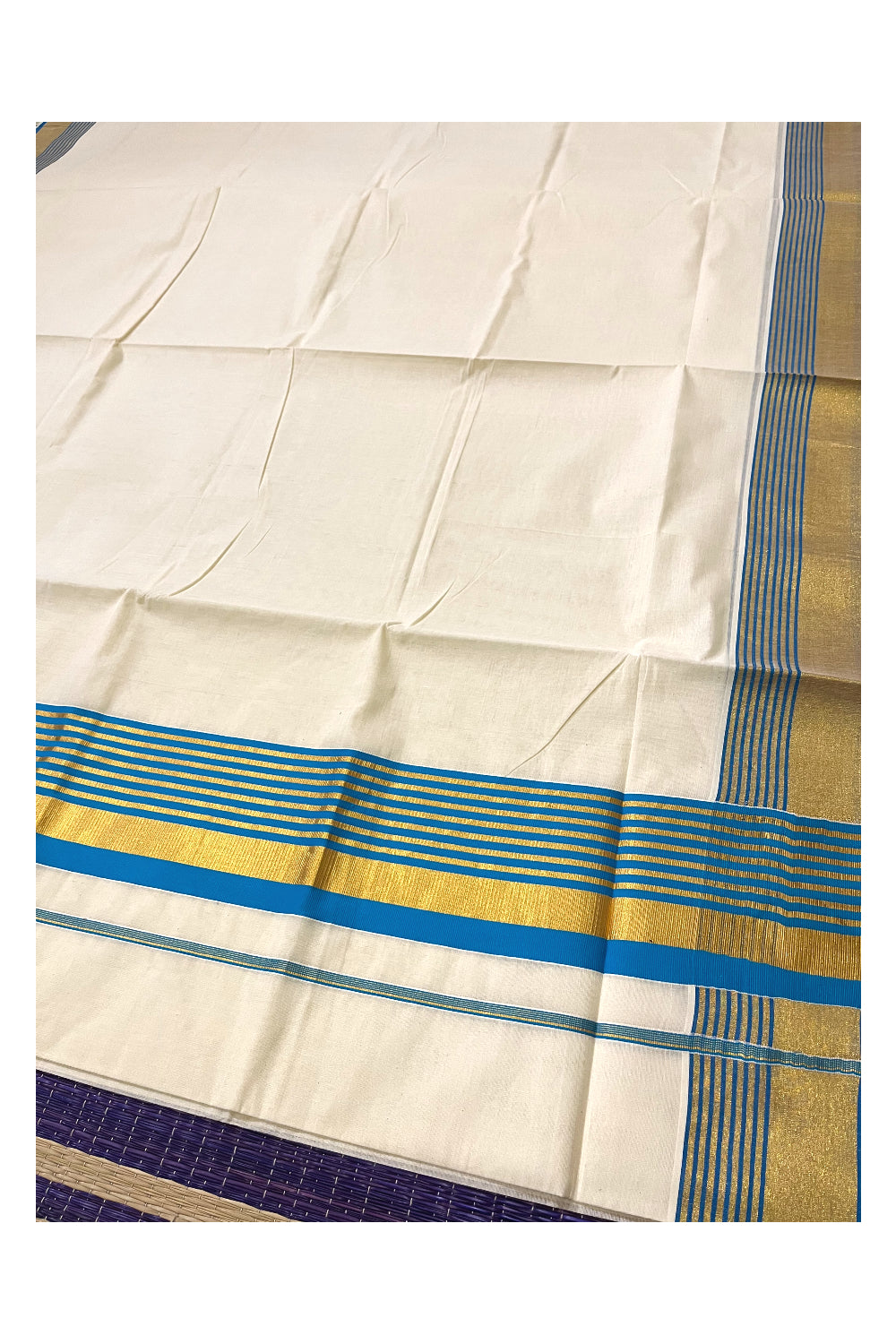 Kerala Pure Cotton Saree with Kasavu and Blue Border