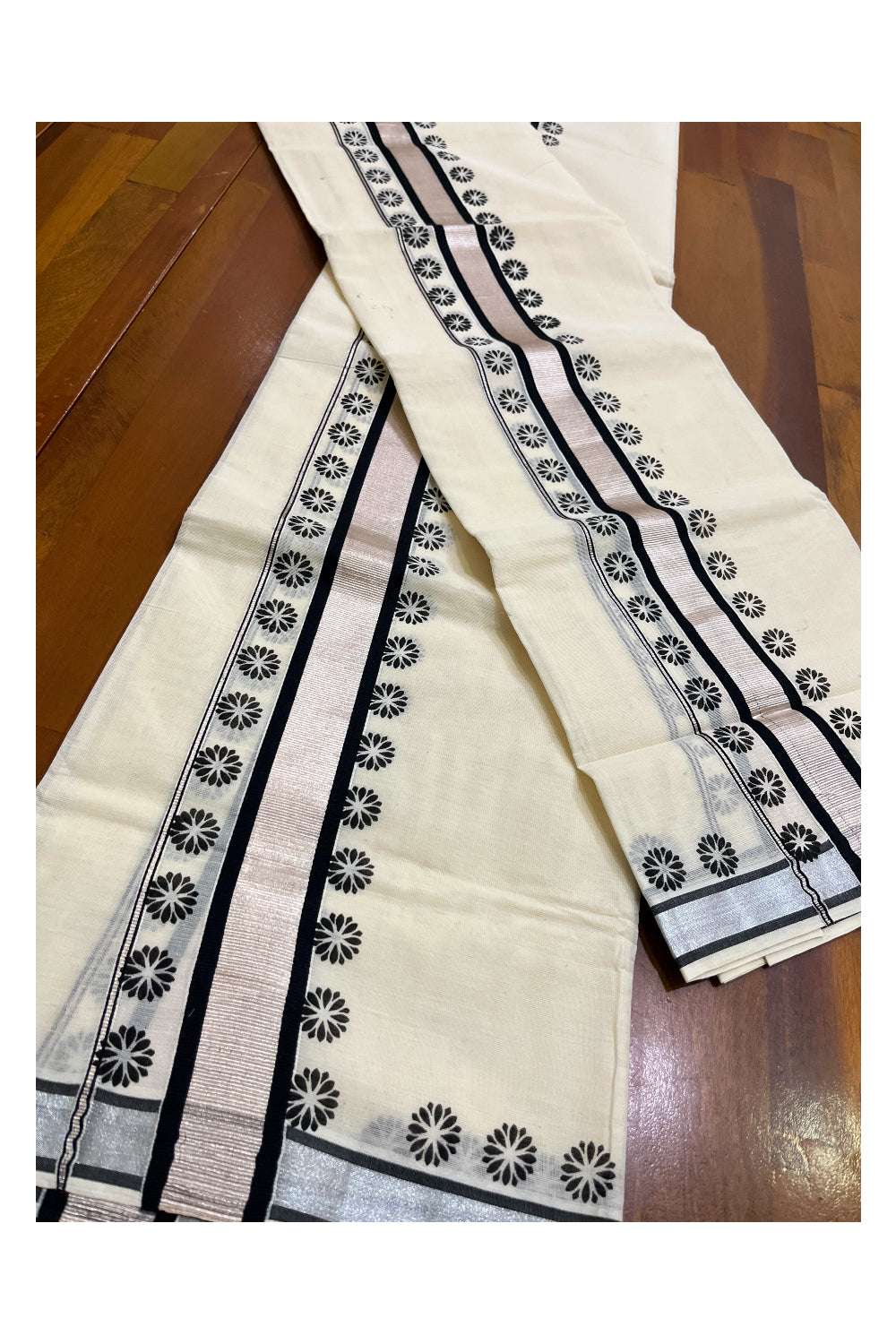 Mundum Neriyathum Single (Set Mundu) with Block Prints on Silver Kasavu and Black Border (Onam 2024 Collection)