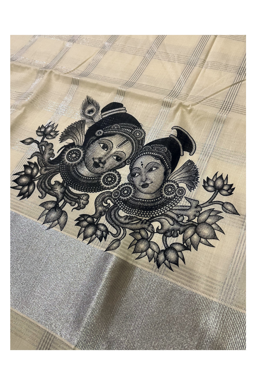 Pure Cotton Kerala Silver Kasavu Check Design Saree with Krishna Radha Face Mural Prints and Black Border