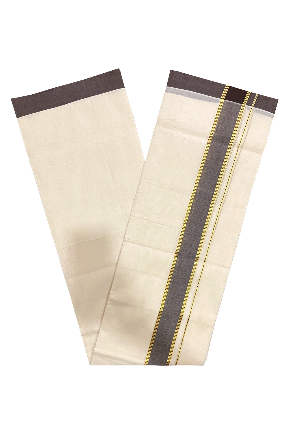 Southloom Premium Balaramapuram Unakkupaavu Handloom Mundu with Dark Brown and Kasavu Border (South Indian Kerala Dhoti)