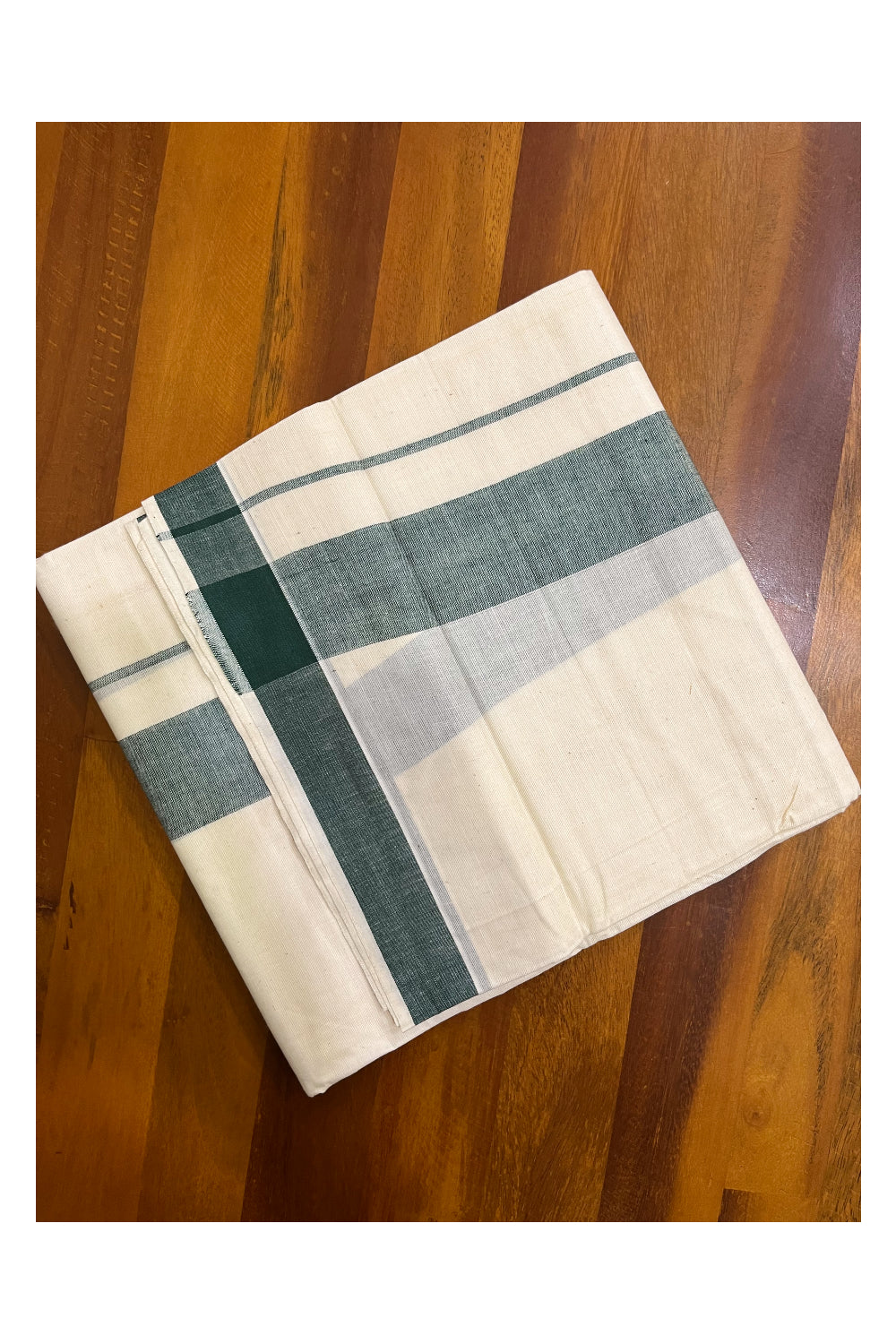 Kerala Pure Cotton Double Mundu with Dark Green Kara (South Indian Kerala Dhoti)