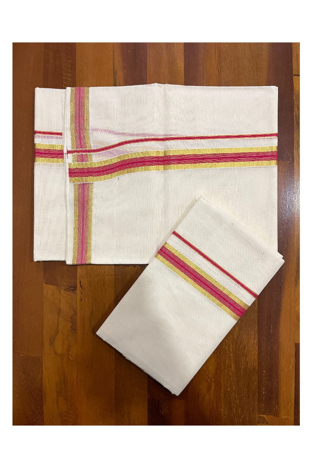 Pure Cotton Kerala Single Set Mundu (Mundum Neriyathum) with Bright Magenta Kasavu Border 2.80 Mtrs (Onam Set Mundu 2023)